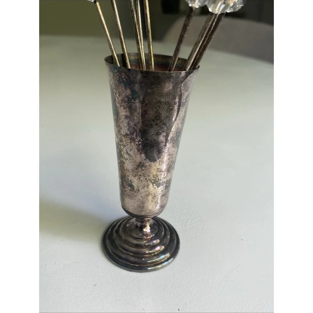 Vintage Silver Plate 1) holder & 9 Hatpins / Cocktail picks / Appetizer picks